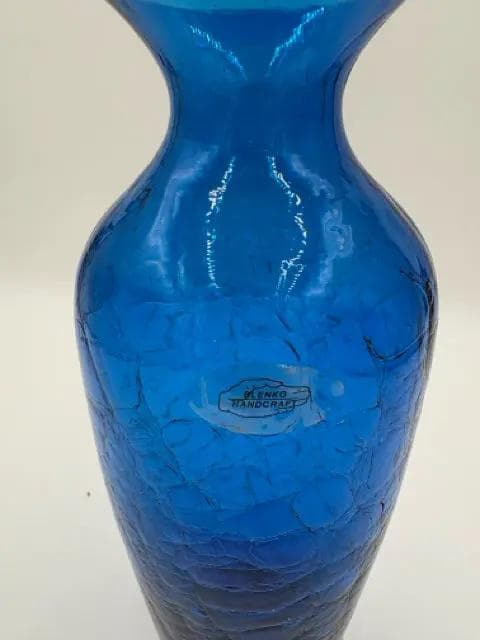 Blenko Handcraft Dark Blue Handblown Crackled Glass Vase - Thumbnail 2
