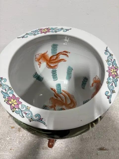 Large Chinese Ceramic Fish Bowl Floral Planter On Rounded Wooden Stand - Thumbnail 2