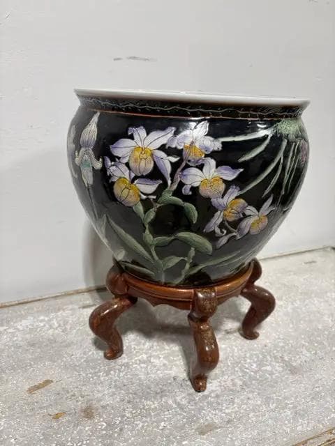Large Chinese Ceramic Fish Bowl Floral Planter On Wooden Stand - Image 1