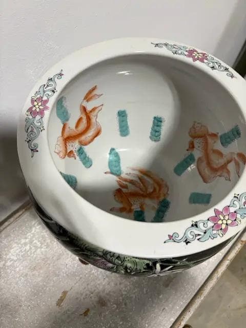Large Chinese Ceramic Fish Bowl Floral Planter On Wooden Stand - Thumbnail 2