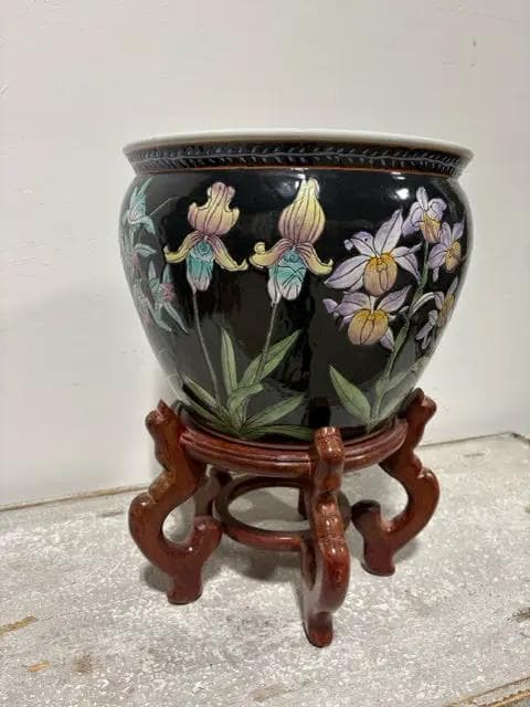 Large Chinese Ceramic Fish Bowl Floral Planter On Rounded Wooden Stand - Image 1