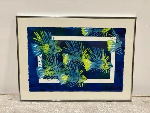 Blue And Green Screen Printed Fish Framed Print - Image 1