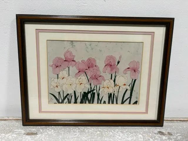 White And Pink Irises Signed Framed Print - Image 1
