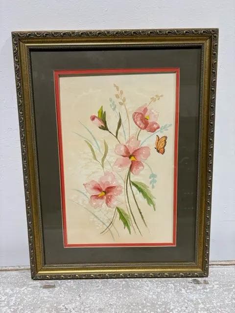 Original Signed Pink Floral Watercolor Framed Artwork - Image 1