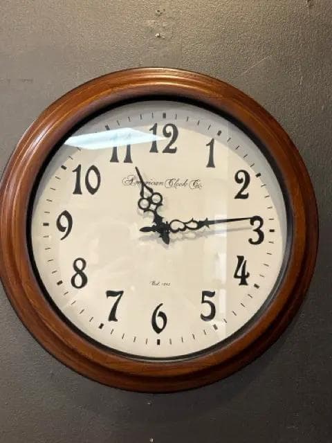 Round Wooden Framed American Clock Co. Wall Clock - Image 1