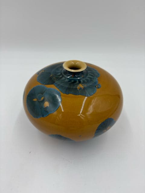 Handmade Yellow And Blue Floral Crystalline Glazed Vase - Image 1