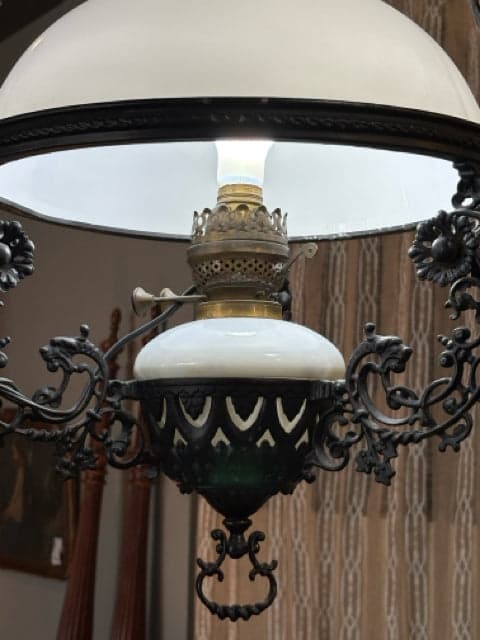 Vintage Dutch Colonial Black Iron And Milk Glass Hanging Oil Lamp - Thumbnail 2