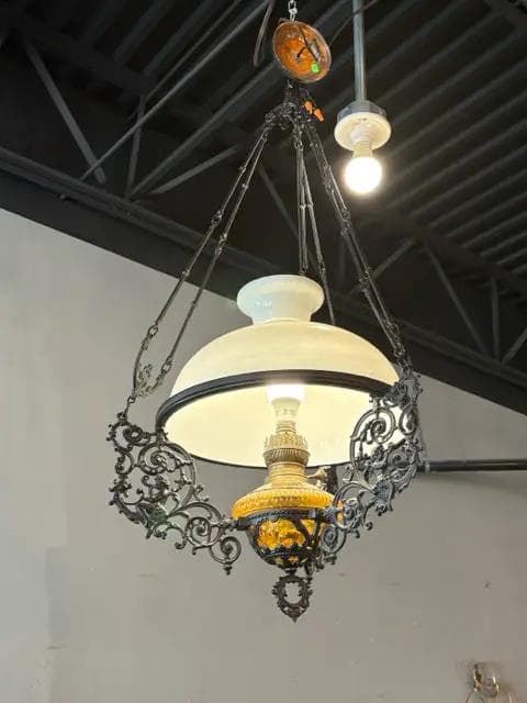 Vintage Dutch Colonial Black Iron And Amber Glass Hanging Oil Lamp - Image 1