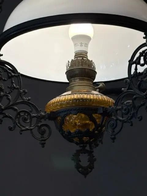 Vintage Dutch Colonial Black Iron And Amber Glass Hanging Oil Lamp - Thumbnail 2