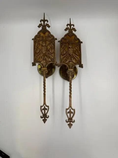 Set Of 2 Spanish Revival Brass Coat Of Armour Sconces - Image 1