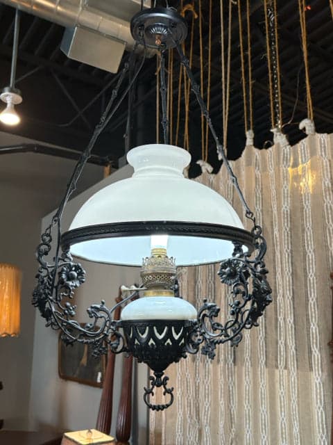 Vintage Dutch Colonial Black Iron And Milk Glass Hanging Oil Lamp - Image 1