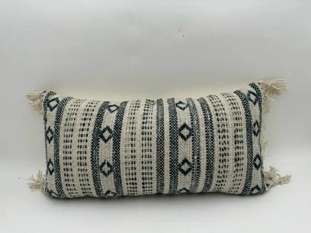 Woven Cream And Blue Lumbar Pillow With Fringe - Image 1