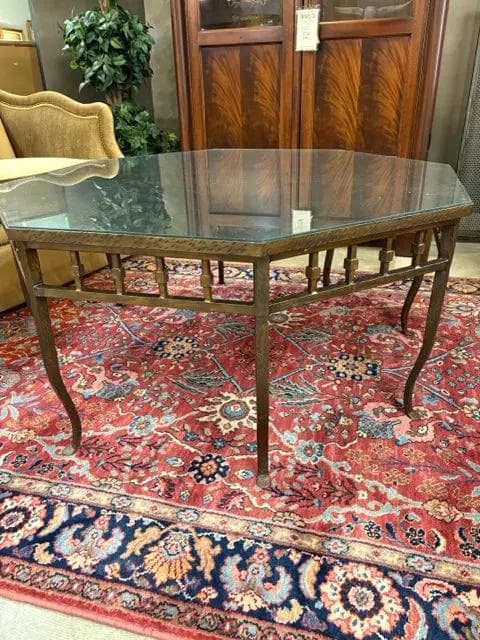 Mottled Patina Iron Octagonal Cocktail Table With Etched Brass Top - Image 1