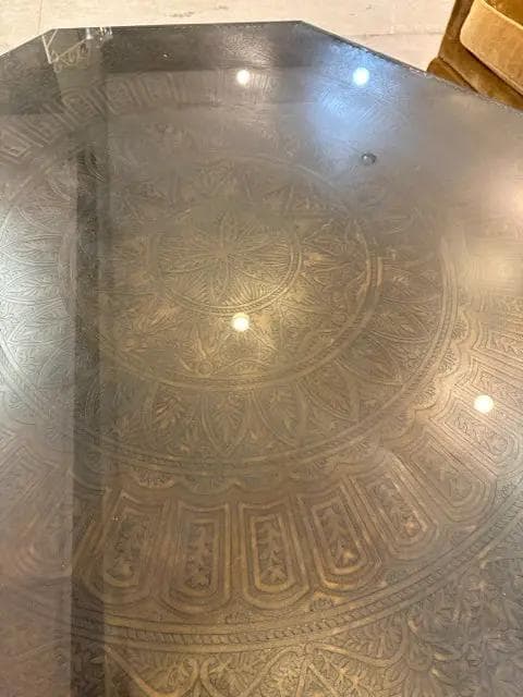 Mottled Patina Iron Octagonal Cocktail Table With Etched Brass Top - Thumbnail 3