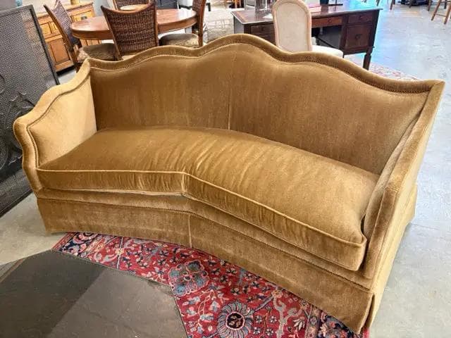 Sherrill Curved Gold Mohair Sofa With Nailheads - Image 1