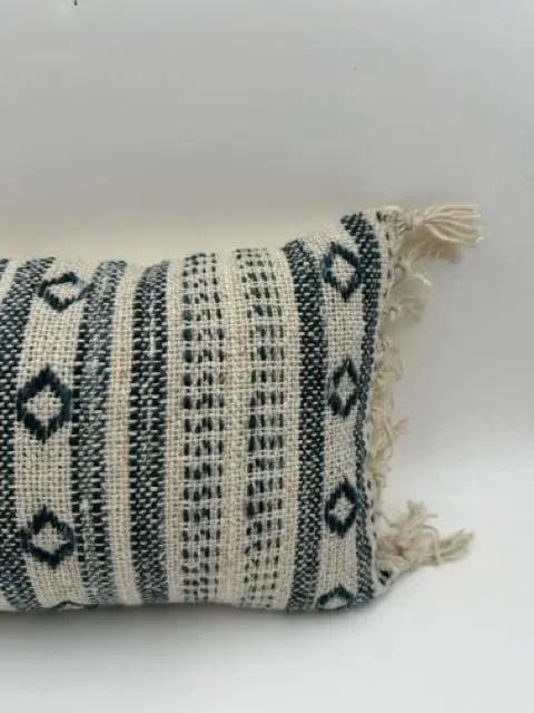 Woven Cream And Blue Lumbar Pillow With Fringe - Thumbnail 2