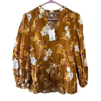 A New Day Brown Floral V-Neck Tie Waist Blouse Size S NWT 566521 - Image 1