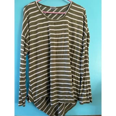 TBH Top Womens XL Green White Striped Long Sleeve High Low Scoop Neck DK3646 - Image 1