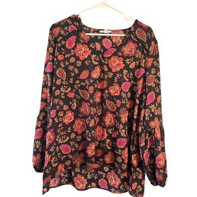 Maurices Blouse Womens Large Black Floral Paisley Bell Sleeve V-Neck Boho Top - Image 1