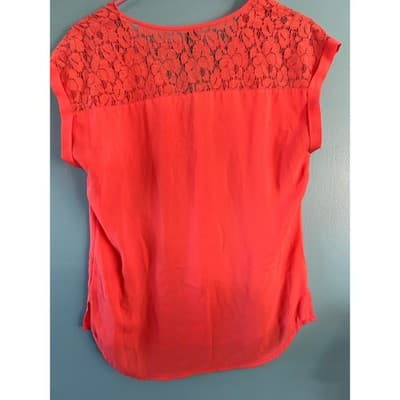 Maurices Lace Yoke Button Up Blouse Womens Small Coral Pink Short Sleeve Top - Thumbnail 4