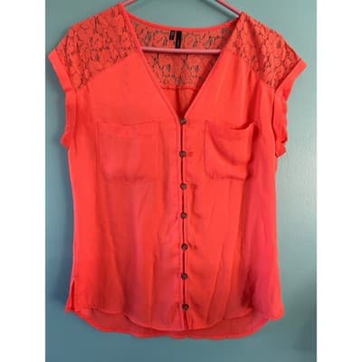 Maurices Lace Yoke Button Up Blouse Womens Small Coral Pink Short Sleeve Top - Image 1