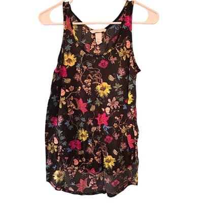H&M Conscious Floral Tank Top Womens XS Black Botanical Sleeveless Blouse Summer - Image 1