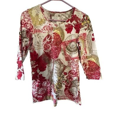 Christopher & Banks Top Womens Small Red Gold Vintage Collage Print 3/4 Sleeve - Image 1