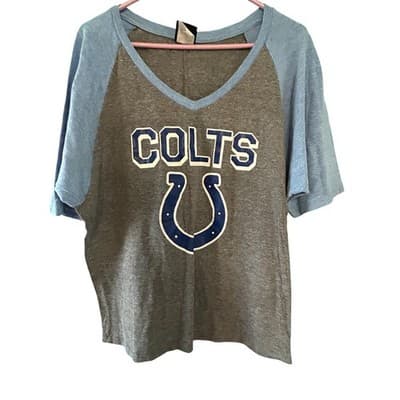 NFL Team Apparel Indianapolis Colts T-Shirt Womens Med Grey Blue Raglan V-Neck - Image 1