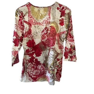 Christopher & Banks Top Womens Small Red Gold Vintage Collage Print 3/4 Sleeve - Thumbnail 2