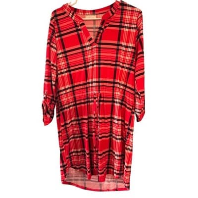 Bobbie Brooks Plaid Tunic Top Size L Red Black White Roll Tab Sleeve Drawstring - Image 1