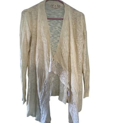 Pink Republic Cardigan Sweater Womens Small Cream Lace Trim Open Front Draped - Image 1