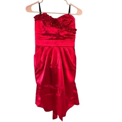 A. Byer Red Satin Cocktail Dress Size 11 Ruffle Strapless Homecoming Formal Bow - Image 1