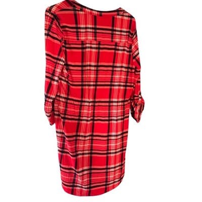 Bobbie Brooks Plaid Tunic Top Size L Red Black White Roll Tab Sleeve Drawstring - Thumbnail 2