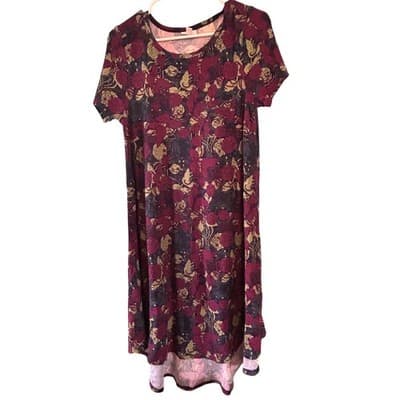 LuLaRoe Carly Dress XS Floral Burgundy Rose High Low Swing Short Sleeve Pocket - Thumbnail 2