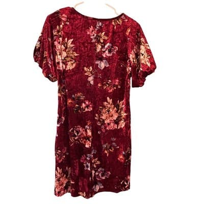 Moa Moa Velvet Floral Dress Burgundy Red Short Puff Sleeve Mini Shift Womens S - Thumbnail 2