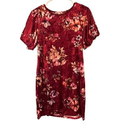 Moa Moa Velvet Floral Dress Burgundy Red Short Puff Sleeve Mini Shift Womens S - Image 1
