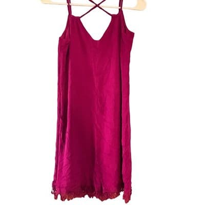 Maurices Mini Dress Womens Small Magenta Purple Crinkle Tassel Crochet Trim Boho - Thumbnail 2
