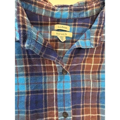 LL Bean Flannel Shirt Womens Large Relaxed Fit Blue Brown Plaid Button Down L - Thumbnail 3