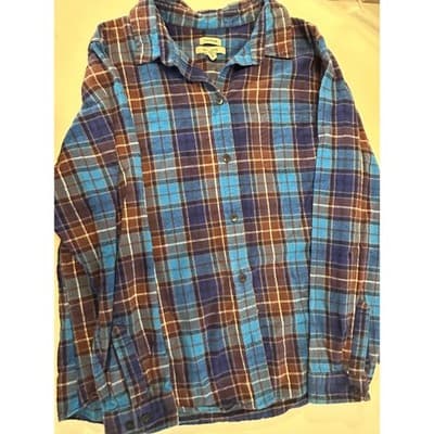 LL Bean Flannel Shirt Womens Large Relaxed Fit Blue Brown Plaid Button Down L - Thumbnail 2