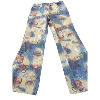 Periscope Floral Print Wide Leg Jeans Size 7 Vintage PS-3983 Blue Tan Cotton - Image 1