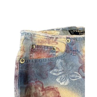 Periscope Floral Print Wide Leg Jeans Size 7 Vintage PS-3983 Blue Tan Cotton - Thumbnail 3