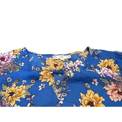 Pink Rose Vintage Floral Tie Front Blouse Medium Blue Short Sleeve Top Boho - Thumbnail 2