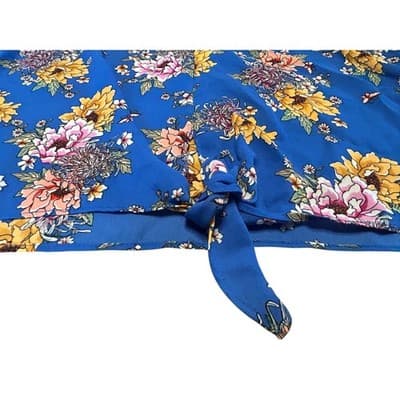 Pink Rose Vintage Floral Tie Front Blouse Medium Blue Short Sleeve Top Boho - Thumbnail 3