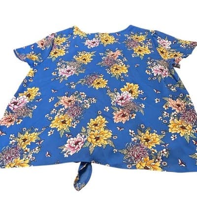 Pink Rose Vintage Floral Tie Front Blouse Medium Blue Short Sleeve Top Boho - Image 1