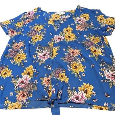 Pink Rose Vintage Floral Tie Front Blouse Medium Blue Short Sleeve Top Boho - Thumbnail 5