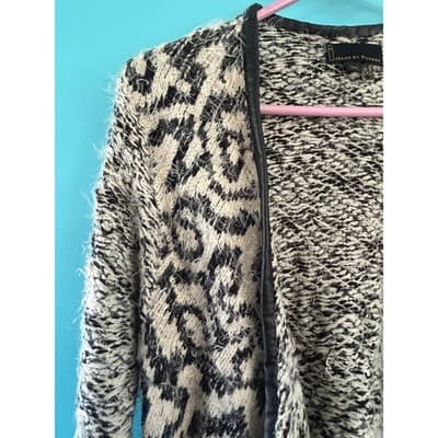 Jeans by Buffalo Cardigan Sweater Small Black White Geometric Faux Leather Trim - Thumbnail 4