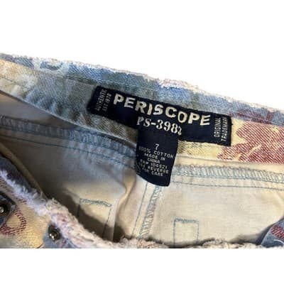 Periscope Floral Print Wide Leg Jeans Size 7 Vintage PS-3983 Blue Tan Cotton - Thumbnail 4