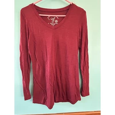 Allison Brittney Top Womens Small Burgundy V-Neck Long Sleeve Slub Knit Shirt - Thumbnail 2