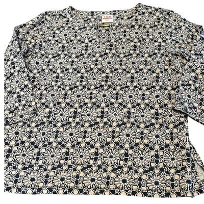 Ruby Rd Favorites Petite Blouse Black Tan Geometric Floral Keyhole Top PM - Image 1