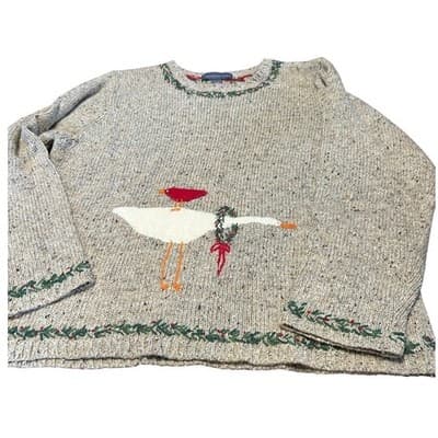 Northern Isles Sweater Womens Medium Beige Knit Christmas Goose Cardinal Vintage - Image 1